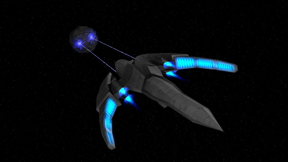 Die Dragon-Klasse verwendet ihre Partikelkanonen. Auf diesem Bild sind ihre Fokus-Emitter deutlich zu sehen. Diese sind Teil ihres fortschrittlichen Hyperantriebs.