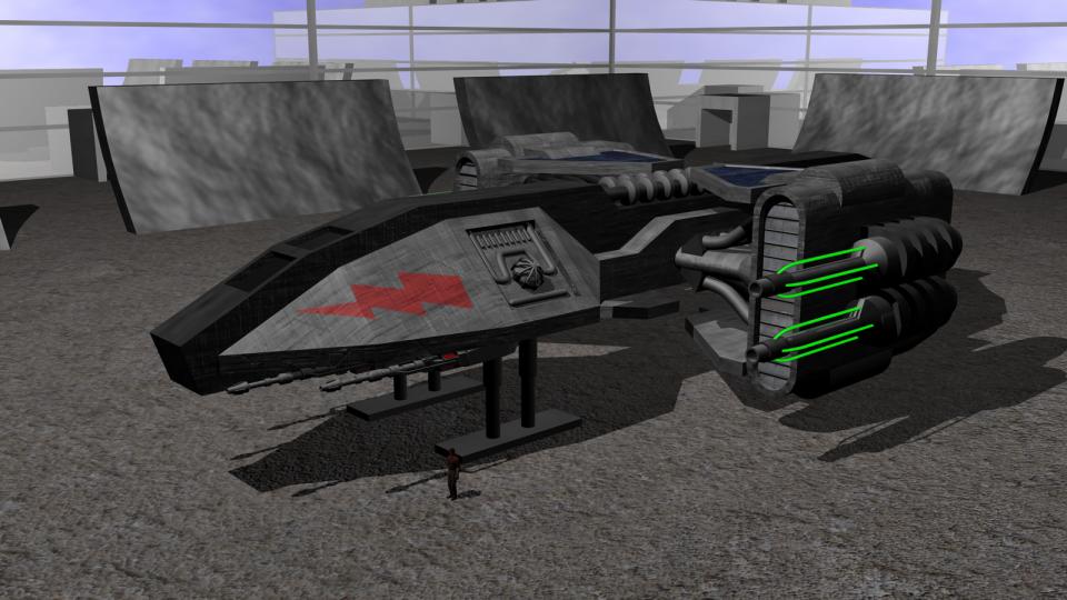 Bei der Landung oder im Hyperraum faltet der Helian seine Kühlpanelen gegen den Rumpf. Man kann den Piloten neben dem Schiff stehen sehen, als Größenvergleich.