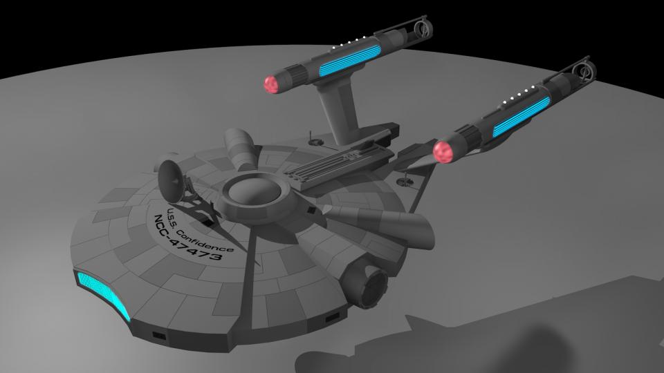 Es gibt einen Film namens Zapped. Ich habe diesen Film nie gesehen, aber er enthält ein kleines StarTrek-Modell, das aus einem Modell des Millenium Falcon und den Gondeln einer umgerüsteten Enterprise zusammengebaut wurde. Das Design gefiel mir, daher habe ich eine eigene Version erstellt. Es ist ein Design aus der TOS oder TOS Film-Era. Erstellt Dezember 2012