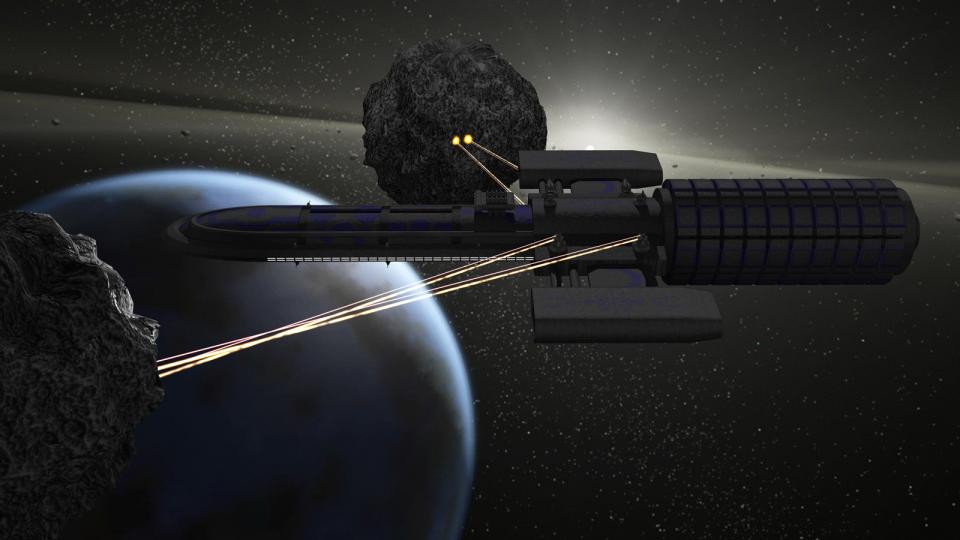 Eine Stardust baut das Erz zweier Asteroiden ab. Die Minenlaser feuern zwei Strahlen - einen Hochenergielaser um das Erz zu schmelzen, und einen Traktorstrahl, der das geschmolzene Material ansaugt. Das Schiff selbst ist keing roßer Kämpfer, es ist jedoch eine Menge Feuerkraft vonnöten, um seine dicke Panzerung zu durchdringen.