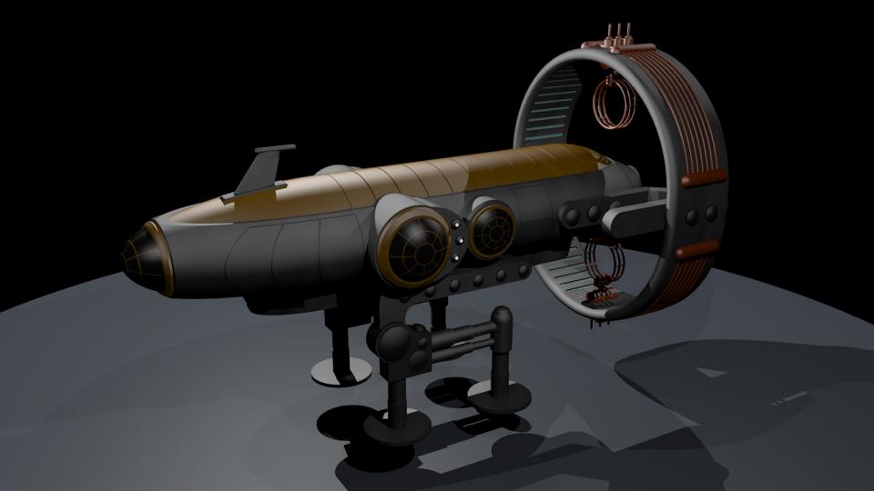 Bei der Landung wird der Bussardantrieb eingefahren und die Konnektoren drehen sich nach unten und fahren aus. Sie dienen zusätzlich als Landebeine. Auf diesem Bild kann man das untere Deck erkennen, das das Cockpit und den Maschinenraum enthält.